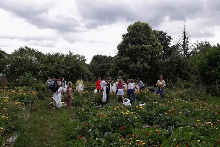 Grundschuleklasse im Schulgarten